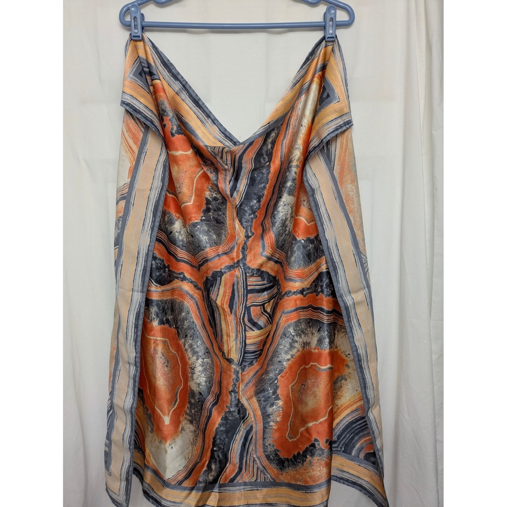 Escada Silk Scarf Abstract Geode Agate Print Orange Grey Large Rectangular